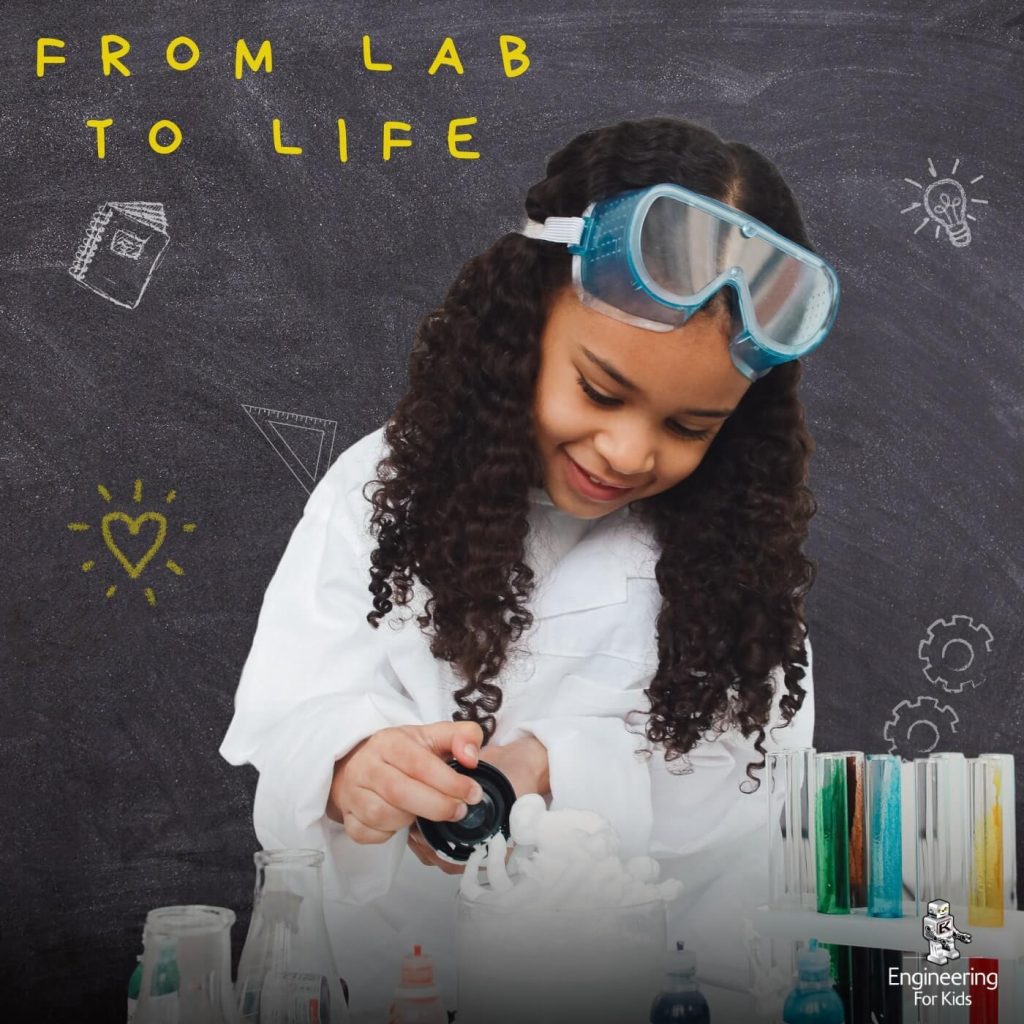 Student in safety gear creating a colorful lava lamp STEM experiment